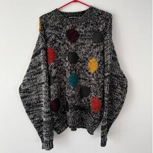 90s vintage grey colourful polka dot print slouchy knit leather grandpa sweater